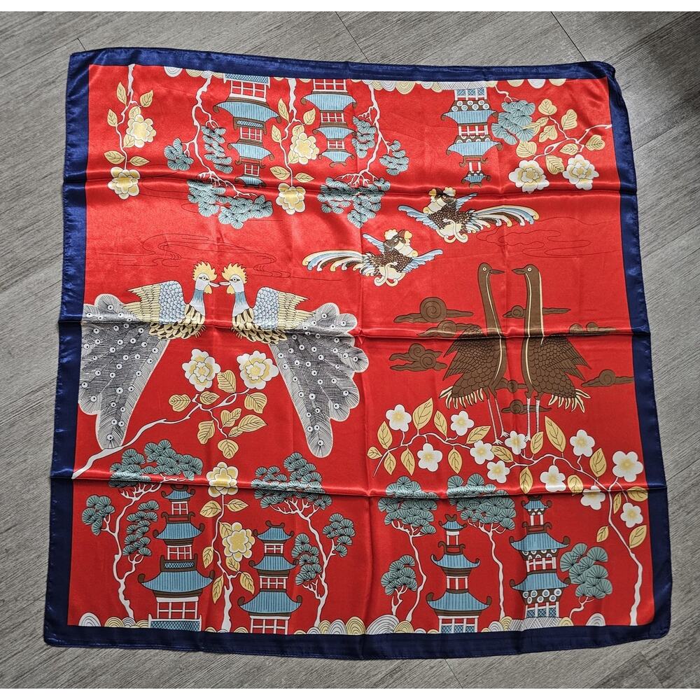 Corciova Silk Feel Satin Scarf Asian Bird Pagoda Floral Print Square Shawl 35x35